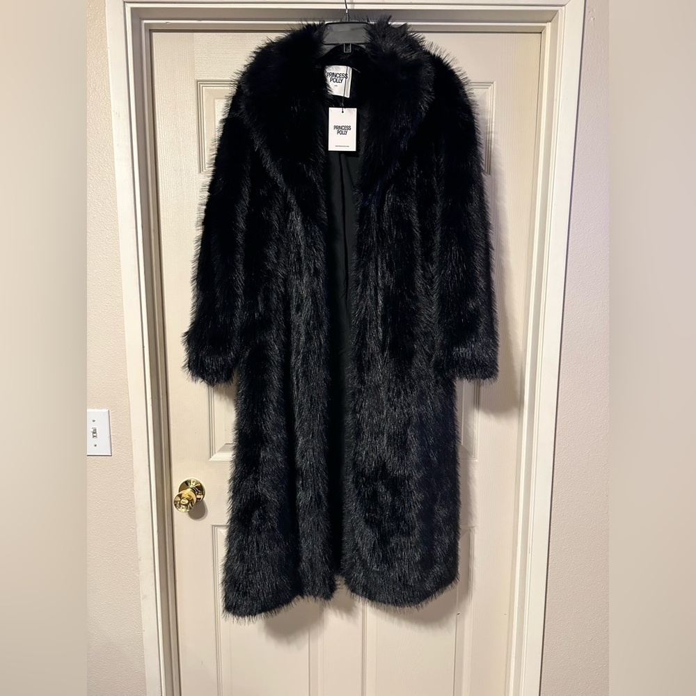 Princess Polly full length black faux fur coat